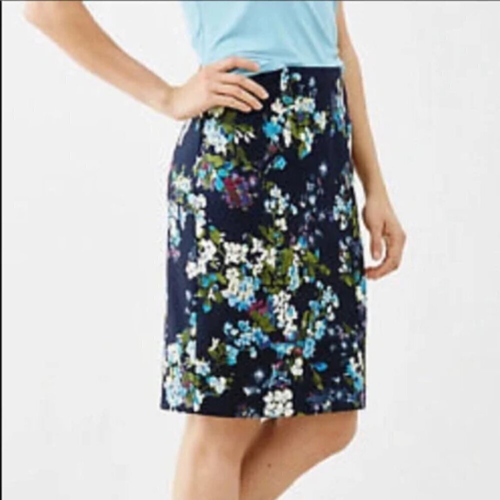 J. Jill Navy‎ Blue Floral Ponte Knit Pull On Pencil Skirt Sz M #328E
